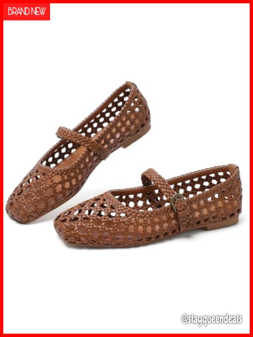 Woven Mary Jane Ballet Flats Faux Leather Square Toe Ankle Strap